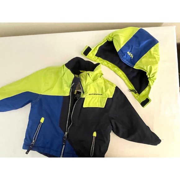 Weatherproof kids toddler jacket sz 2T neon green and blues removable hood - Picture 13 of 15